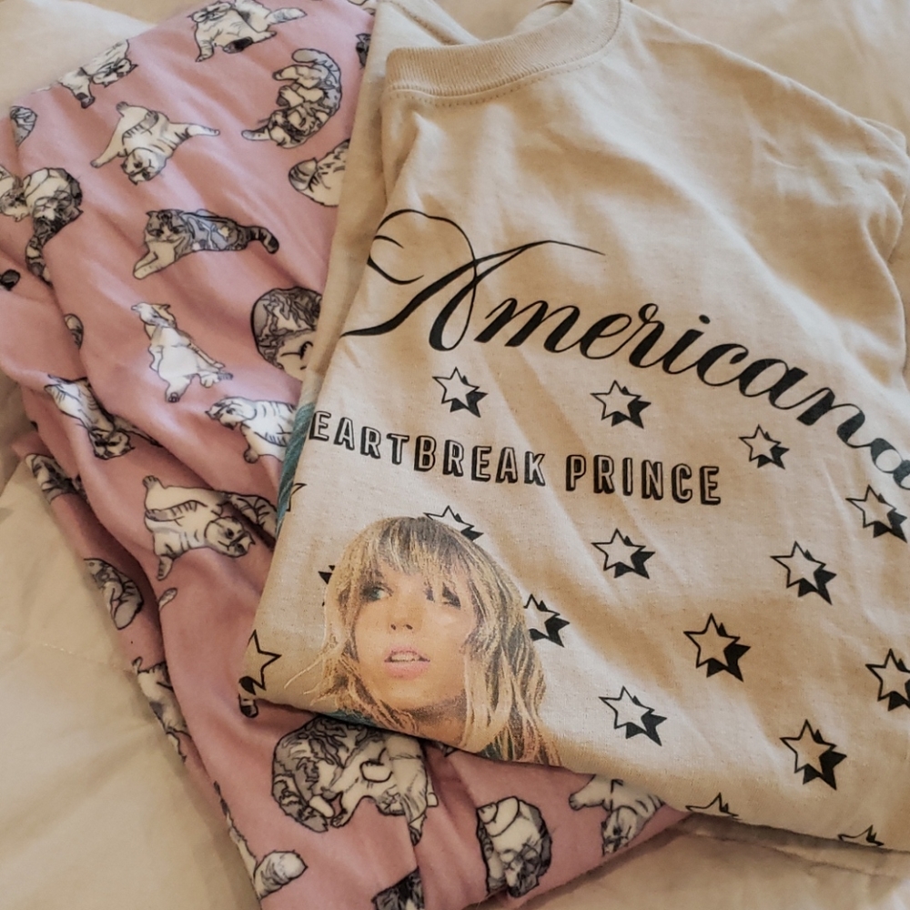 Taylor swift onesie (xs) and americana shirt (s)